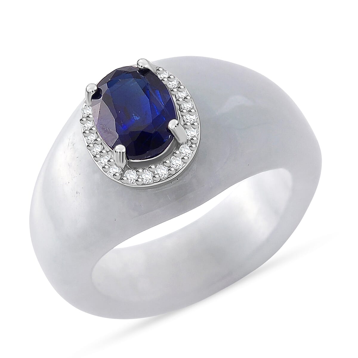 Kyanite, White Jade & White Zircon Ring in Rhodium Overlay Sterling Silver 25.61 Ct.