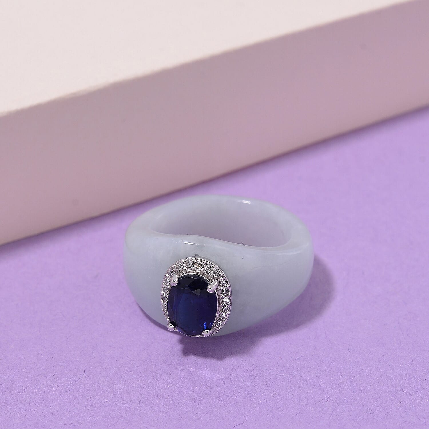Kyanite, White Jade & White Zircon Ring in Rhodium Overlay Sterling Silver 25.61 Ct.