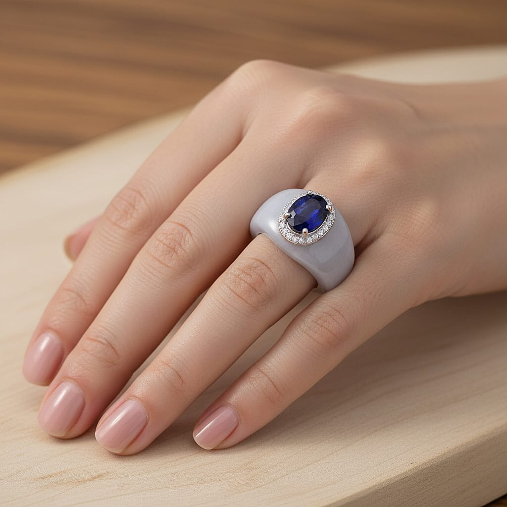 Kyanite, White Jade & White Zircon Ring in Rhodium Overlay Sterling Silver 25.61 Ct.