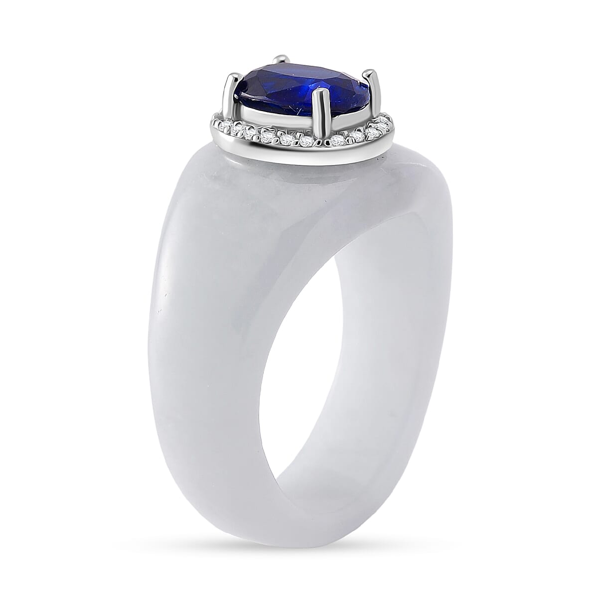 Kyanite, White Jade & White Zircon Ring in Rhodium Overlay Sterling Silver 25.61 Ct.