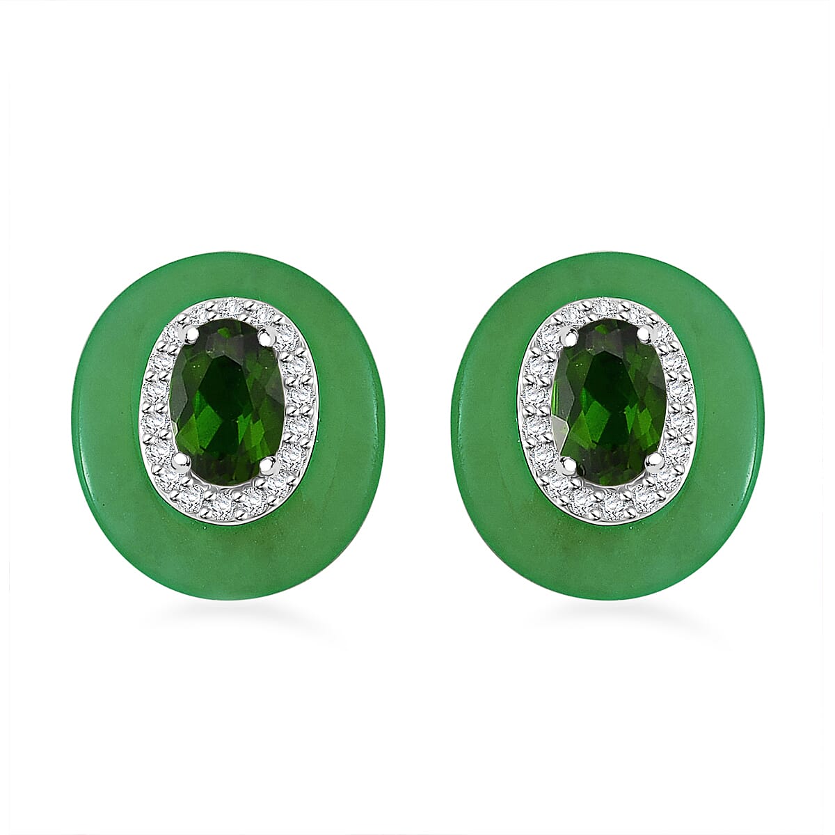 Green Jade, Natural Chrome Diopside & White Zircon Stud Push Post Earring in Rhodium Overlay Sterling Silver 7.65 Ct.