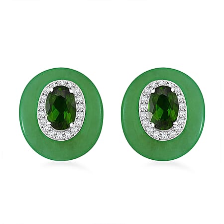 Green Jade, Natural Chrome Diopside & White Zircon Stud Push Post Earring in Rhodium Overlay Sterling Silver 7.65 Ct.