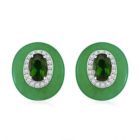 Green Jade, Natural Chrome Diopside & White Zircon Stud Push Post Earring in Rhodium Overlay Sterling Silver 7.65 Ct.
