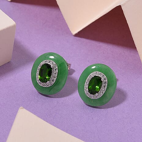 Green Jade, Natural Chrome Diopside & White Zircon Stud Push Post Earring in Rhodium Overlay Sterling Silver 7.65 Ct.