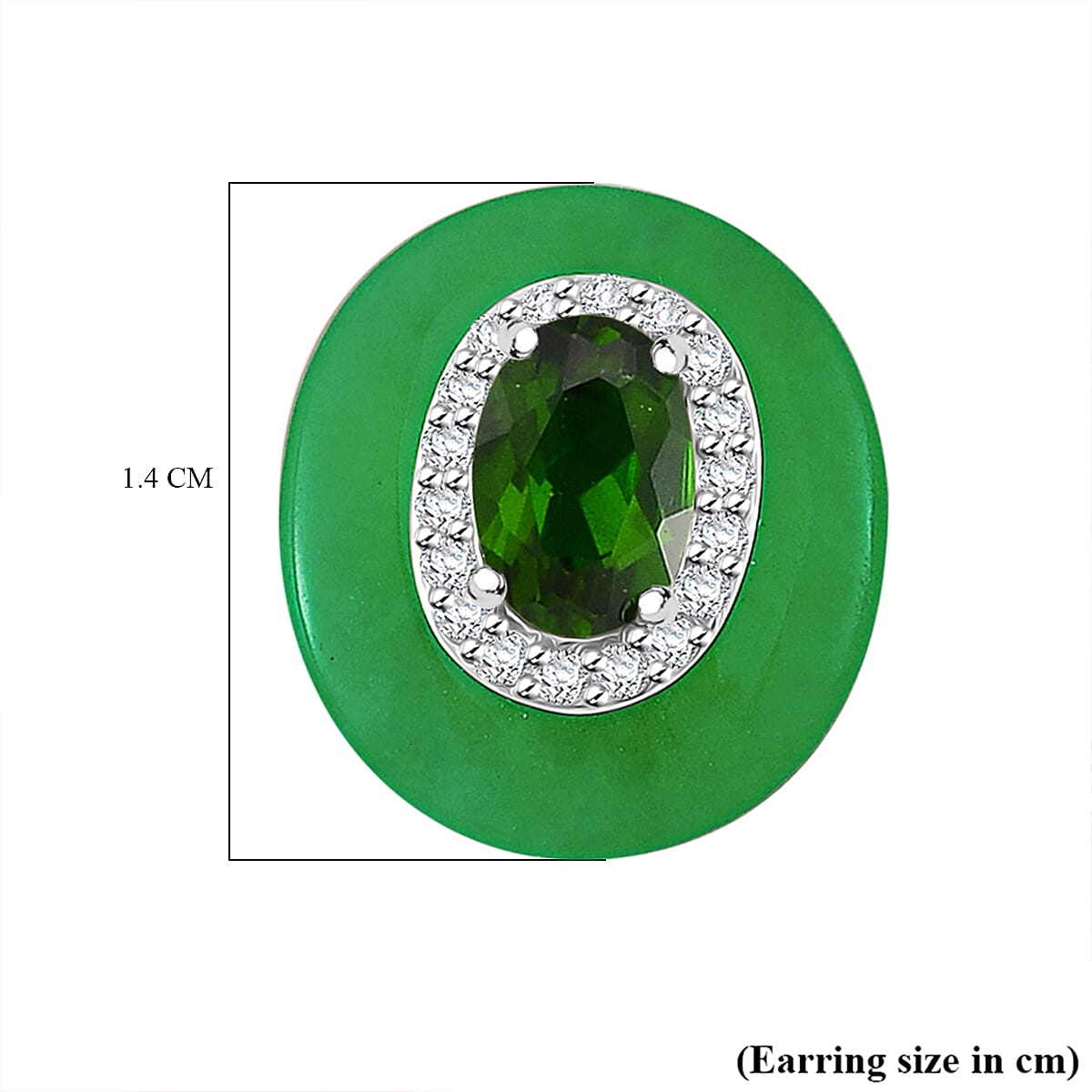 Green Jade, Natural Chrome Diopside & White Zircon Stud Push Post Earring in Rhodium Overlay Sterling Silver 7.65 Ct.
