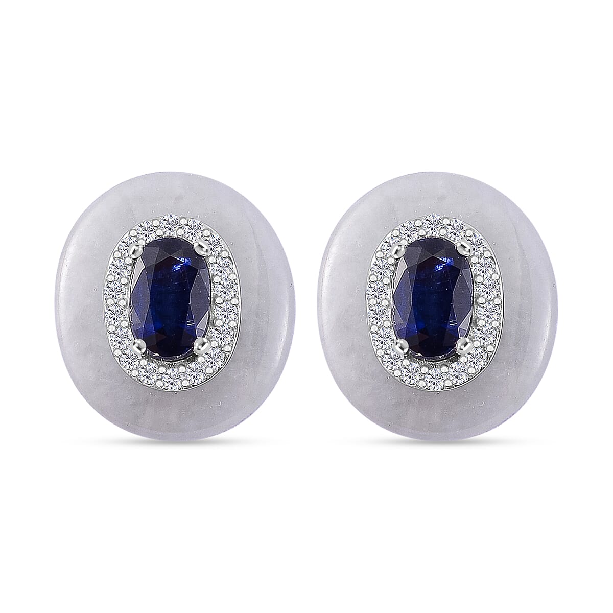 White Jade, Kyanite & White Zircon Stud Push Post Earring in Rhodium Overlay Sterling Silver 8.73 Ct.