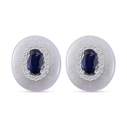 Green Jade, Natural Chrome Diopside & White Zircon Stud Push Post Earring in Rhodium Overlay Sterling Silver 7.65 Ct.