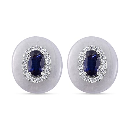 White Jade, Kyanite & White Zircon Stud Push Post Earring in Rhodium Overlay Sterling Silver 8.73 Ct.