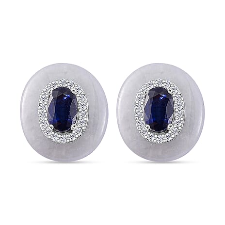White Jade, Kyanite & White Zircon Stud Push Post Earring in Rhodium Overlay Sterling Silver 8.73 Ct.