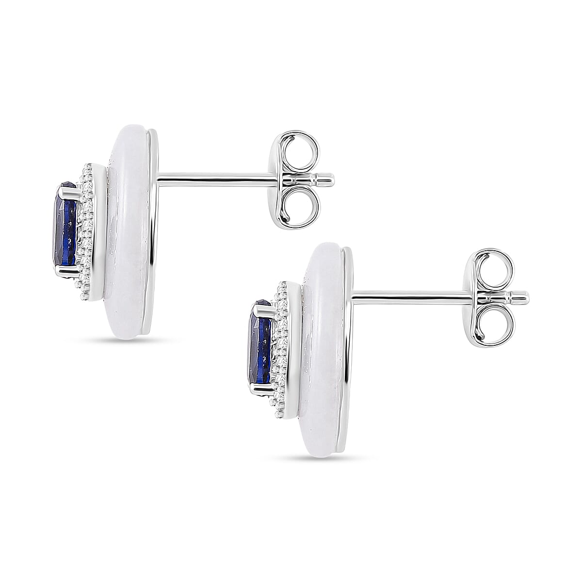 White Jade, Kyanite & White Zircon Stud Push Post Earring in Rhodium Overlay Sterling Silver 8.73 Ct.