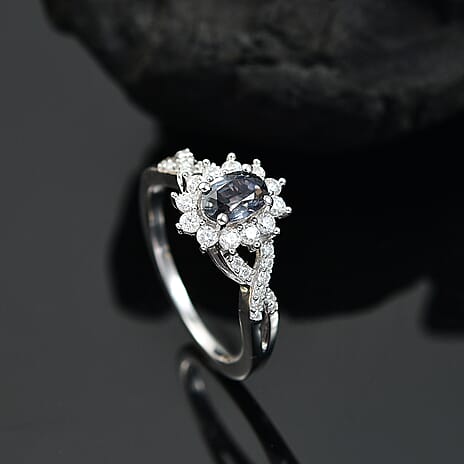 Natural Parti Sapphire & Moissanite Ring in Rhodium Overlay Sterling Silver 0.84 Ct.