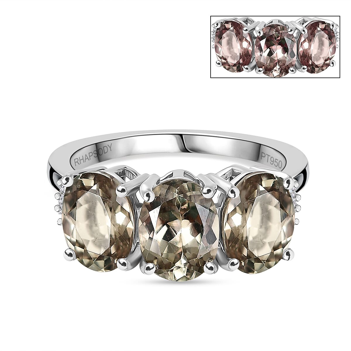 RHAPSODY 950 Platinum AAAA Turkizite & White Diamond (VS-E-F) Trilogy Ring 4.45 Ct, Platinum Wt. 4.50 Gms.