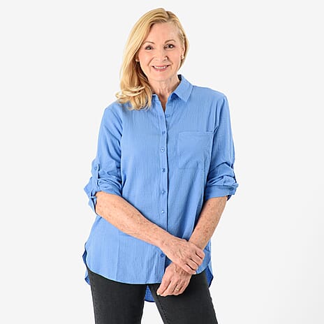 100% Cotton Button Down Classic V-Neck Shirt (Size 12) - Blue