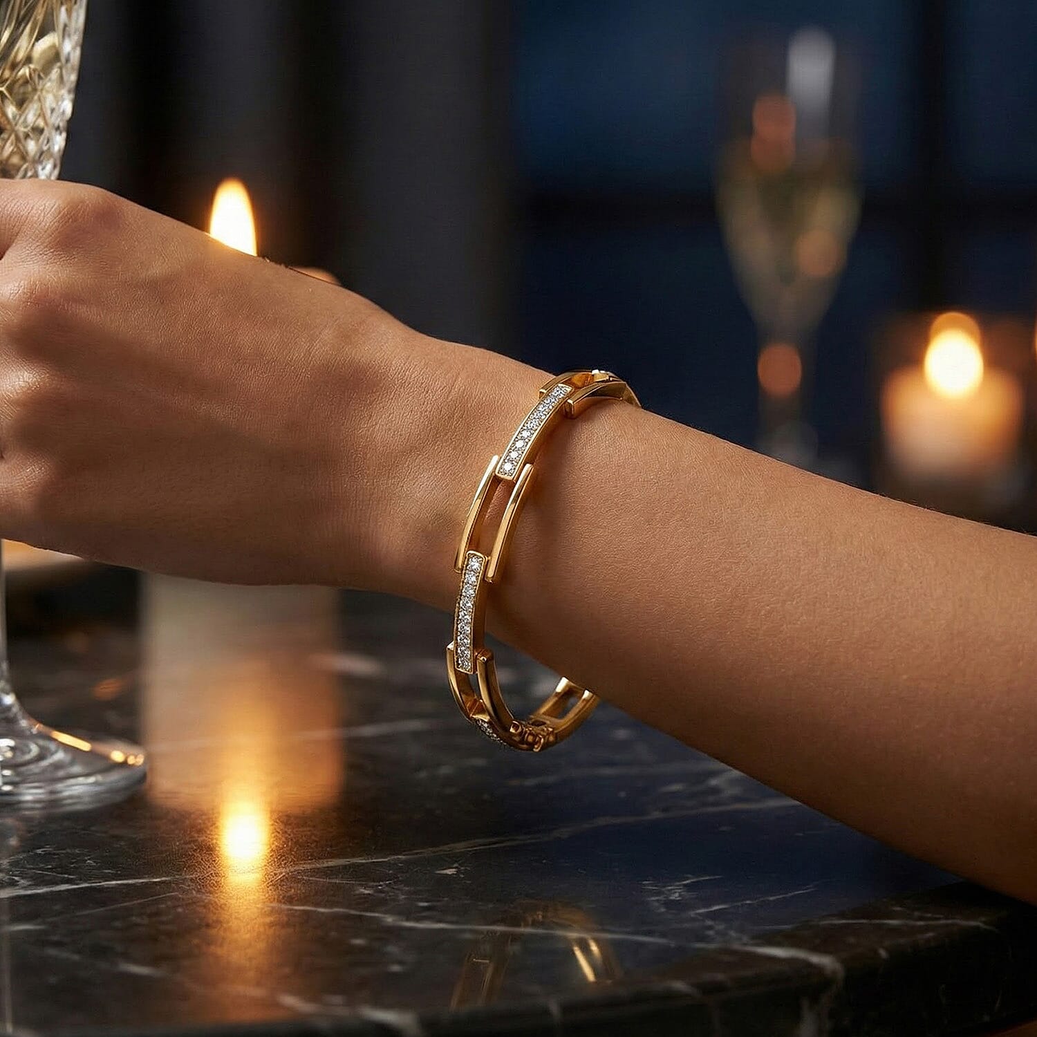 Luxuriant Diamond Lab Grown Diamond (SI-G-H) Bangle (Size - 7.5) in 18K Vermeil Yellow Gold Plated Sterling Silver 0.25 Ct, Silver Wt. 15.48 Gms.