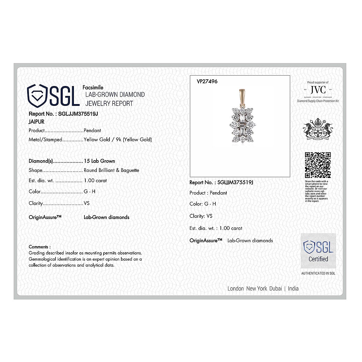 Luxuriant Diamond 9K Yellow Gold SGL Certified Lab Grown Diamond (VS-G-H) Cluster Boat Pendant 1.00 Ct.