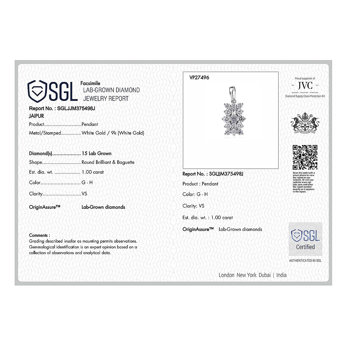 Luxuriant 9K White Gold SGL Certified Lab Grown Diamond (VS-GH) Boat Pendant 1.00 Ct.