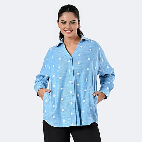 -MAISI Womens 100% Cotton Embroidered Shirt (Size S) - Turquoise