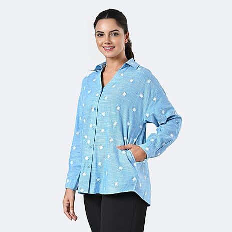 -MAISI Womens 100% Cotton Embroidered Shirt (Size XL) - Turquoise