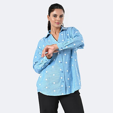 -MAISI Womens 100% Cotton Embroidered Shirt (Size XL) - Turquoise
