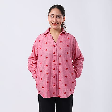 -MAISI Womens 100% Cotton Embroidered Shirt (Size S) - Pink