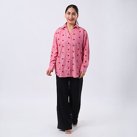 -MAISI Womens 100% Cotton Embroidered Shirt (Size L) - Pink