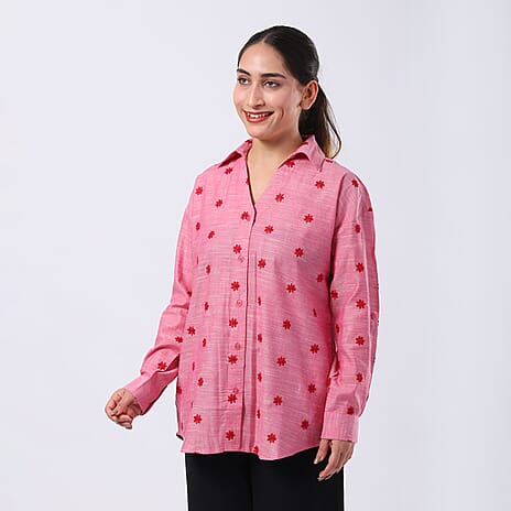 -MAISI Womens 100% Cotton Embroidered Shirt (Size XXL) - Pink