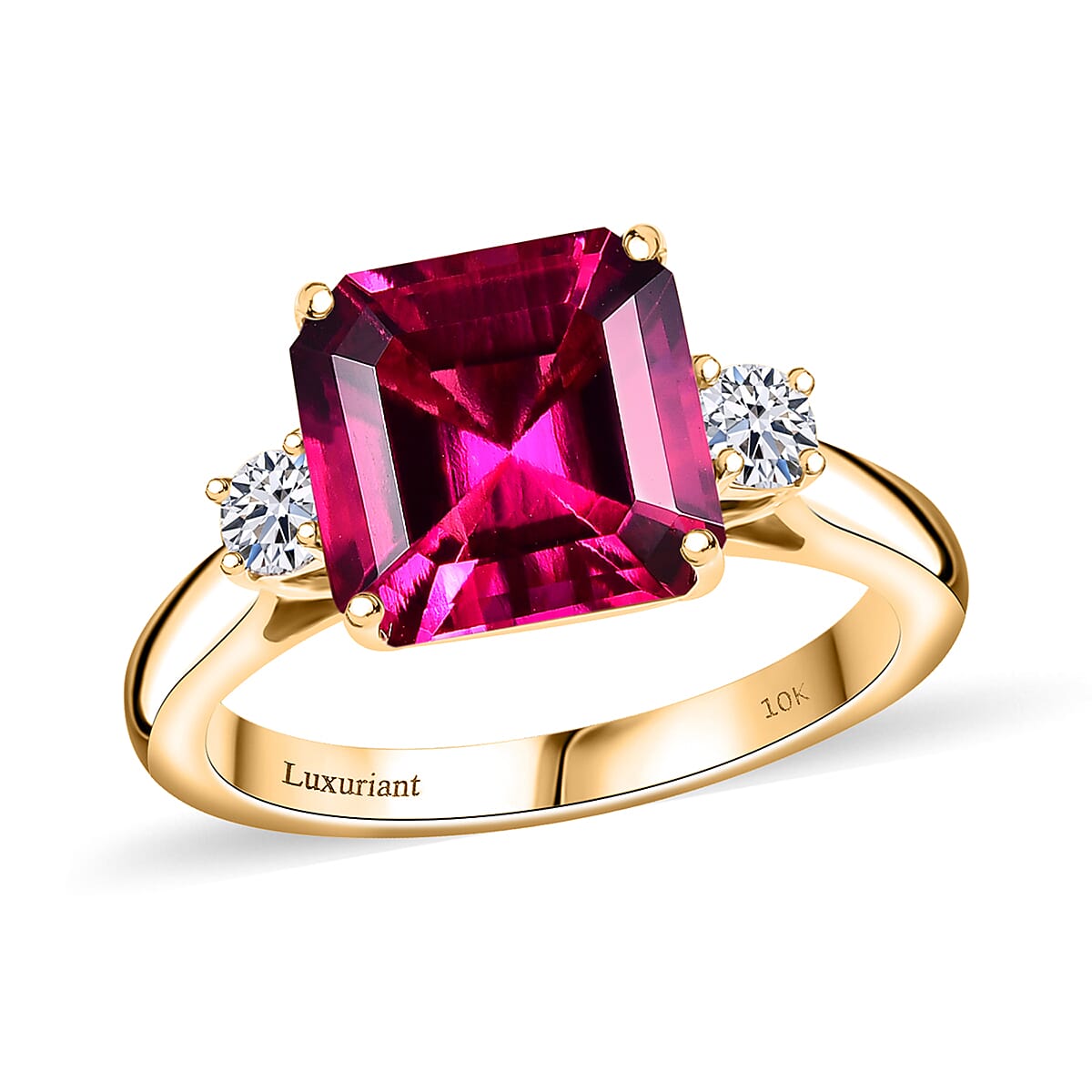 Appraised & Certified LUXURIANT 3 Ct. AAA Lab Grown Bixbite, Lab Grown Diamond Ring in 9K Yellow Gold AGI Certified (VS-EF)