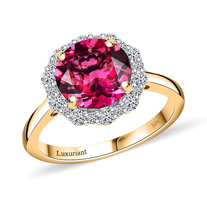 LUXURIANT 3 Ct. AAA Lab Grown Bixbite, Lab Grown Diamond Halo Ring in 10K Yellow Gold (VS-EF)