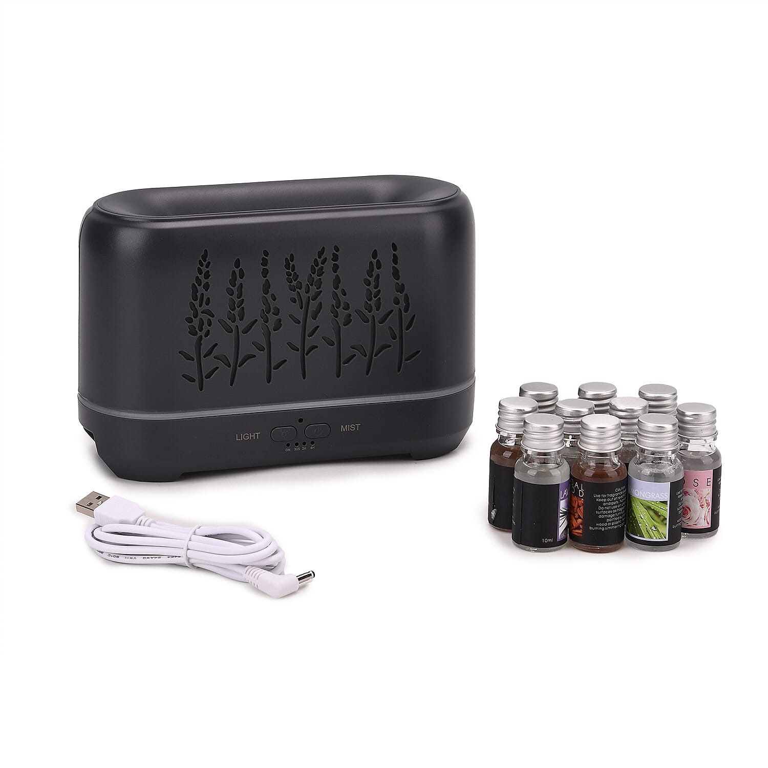 Flame Effect Aromal Diffuser with 10 Oils  - LED Light, Timer - Grey