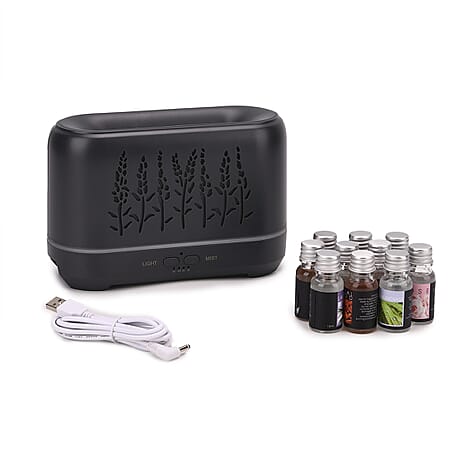Flame Effect Aromal Diffuser with 10 Oils  - LED Light, Timer - Grey
