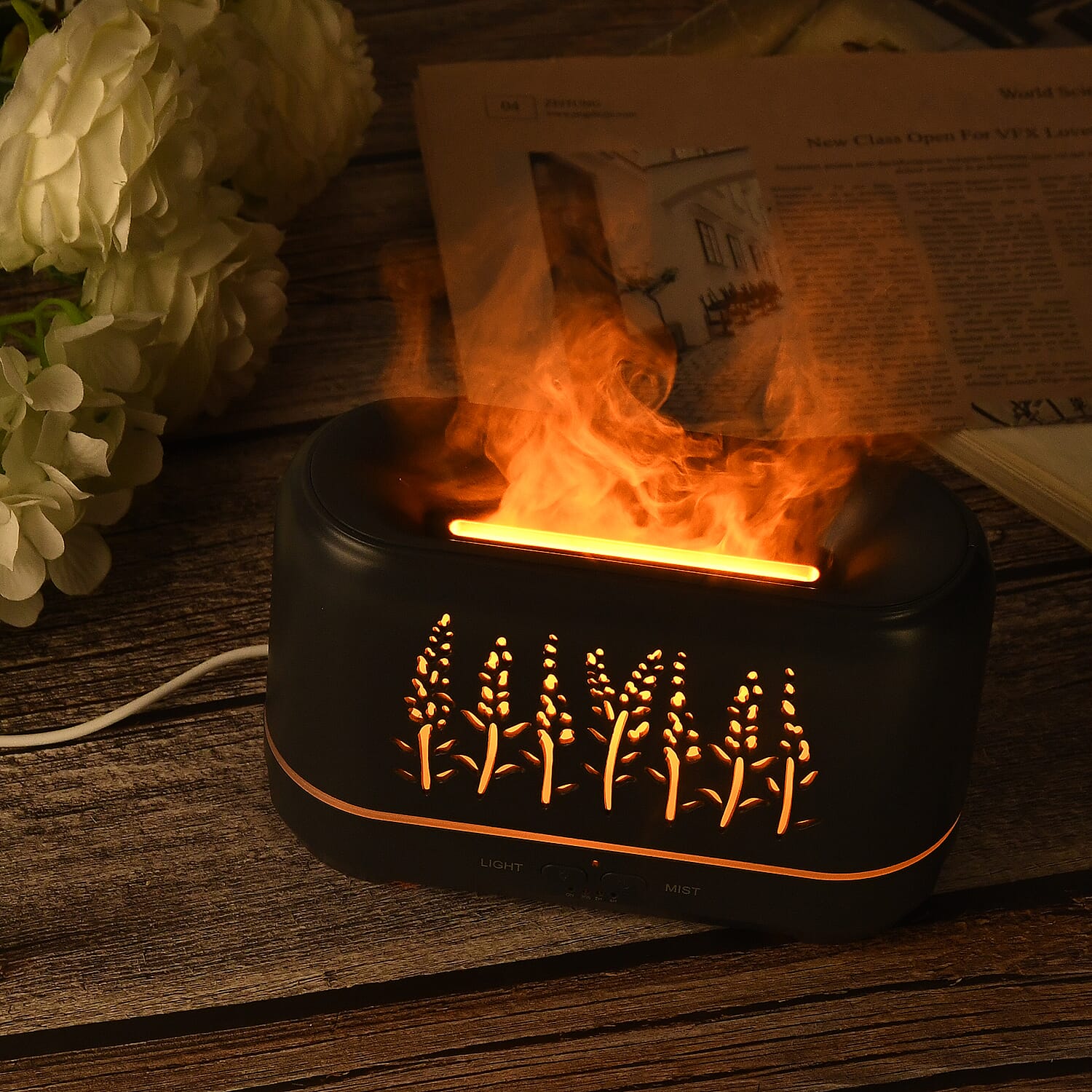 Flame Effect Aromal Diffuser with 10 Oils  - LED Light, Timer - Grey