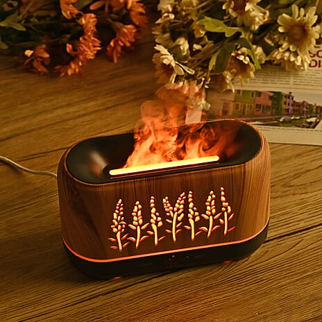 LIVMORE Flame Effect Aromal Diffuser with 10 Essential Oils - LED Light, Timer & USB Powered - Wood Colour
