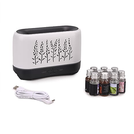Flame Effect Aromal Diffuser with 10 Oils  - LED Light, Timer - White