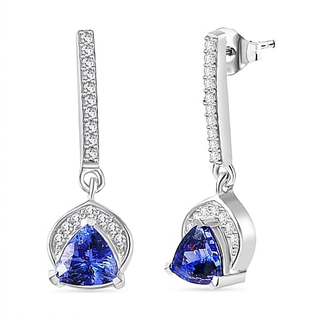 Tanzanite & White Zircon Dangling Earring with Push Back in Rhodium Overlay Sterling Silver 1.28 Ct.
