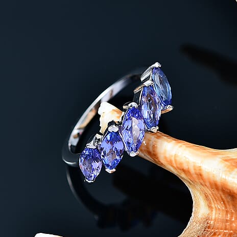 Tanzanite 5 Stone Ring in Rhodium OverlaySterling Silver 1.77 Ct.