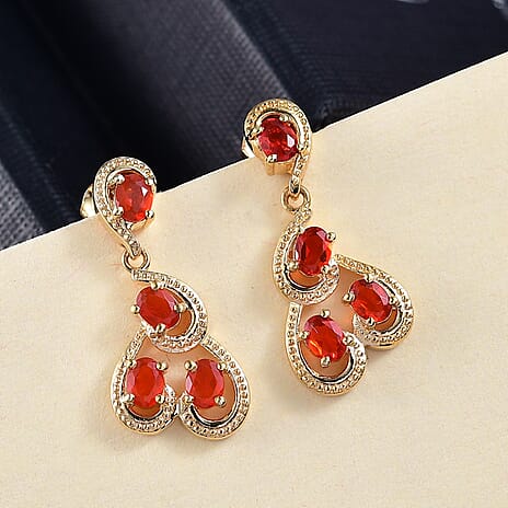 Natural Fire Opal Flame Swirl Dangling Earring with Push Back in 18K Vermeil Yellow Gold Plated Sterling Silver 0.90 Ct.