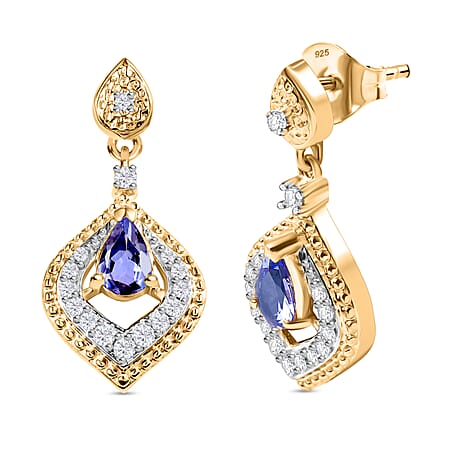 Tanzanite & White Zircon Dangling Earring with Push Back in 18K Vermeil Yellow Gold Plated Sterling Silver 1.13 Ct.