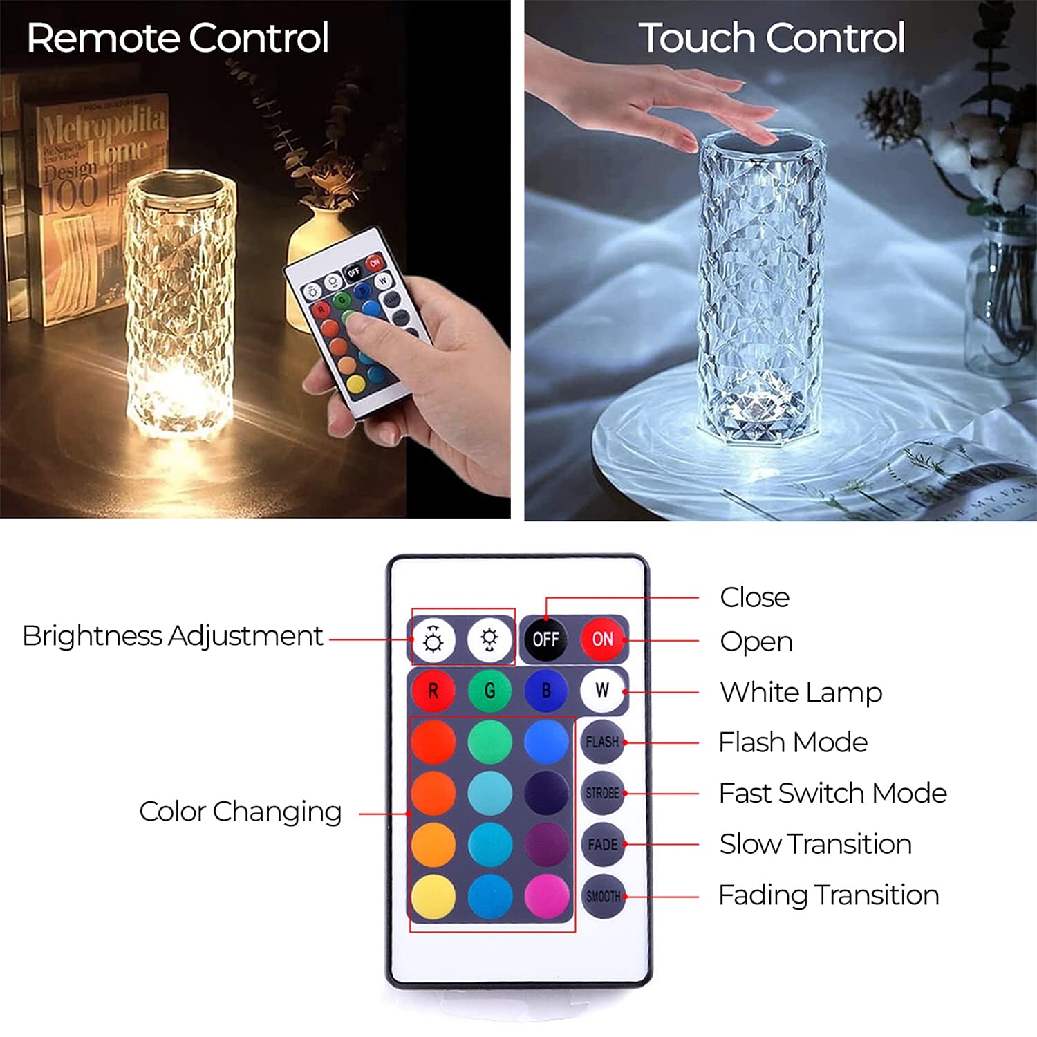USB Rechargeable Touch Sensor Table Lamp with Remote (Battery 800mAh) - Crystal