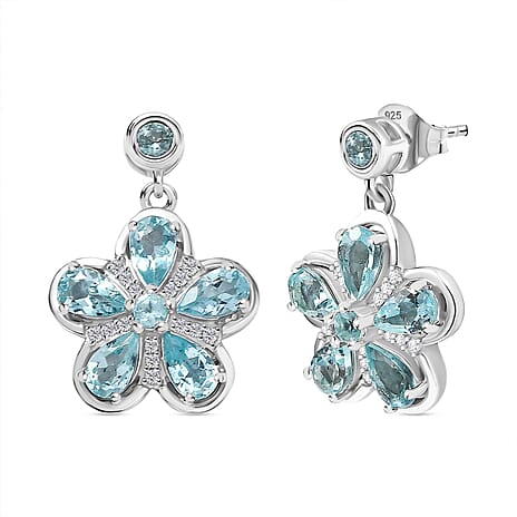 Lagoon Apatite & White Zircon Dangling Earring with Push Back in Rhodium Overlay Sterling Silver 2.82 Ct.