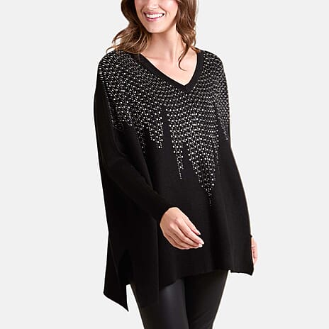 Chilli Charm Diamante V-Neck Relaxed Jumper (One Size) - Black