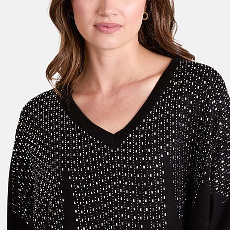 Chilli Charm Diamante V-Neck Relaxed Jumper (One Size) - Black