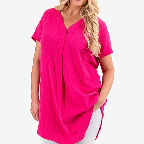 Solid Color Linen Blend Short Sleeve Dress (Size 16) - Pink