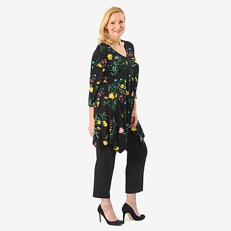 Floral Printed V-Neck Tunic Top (Size 14) - Black