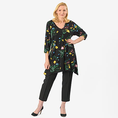 Floral Printed V-Neck Tunic Top (Size 14) - Black