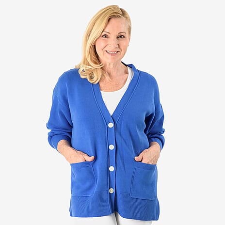 100% Cotton V-Neck Knitted Solid Cardigan (10=16) - Blue