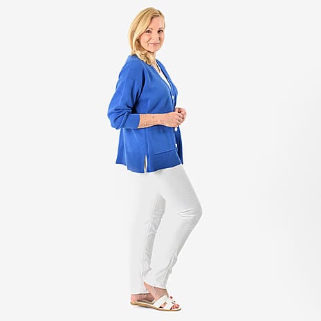 100% Cotton V-Neck Knitted Solid Cardigan (10=16) - Blue
