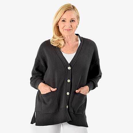 100% Cotton V-Neck Knitted Solid Cardigan (10-16)- Charcoal