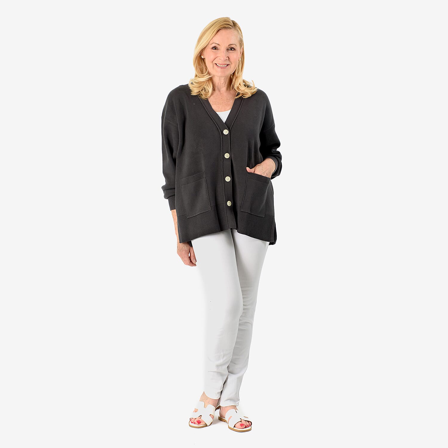 100% Cotton V-Neck Solid Cardigan with Stretch (Size S-M) - Blue