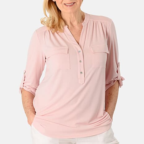 Ruched Shoulder Pocket V-Neck Jersey Half Button-Up Shirt (Size 12) - Pink