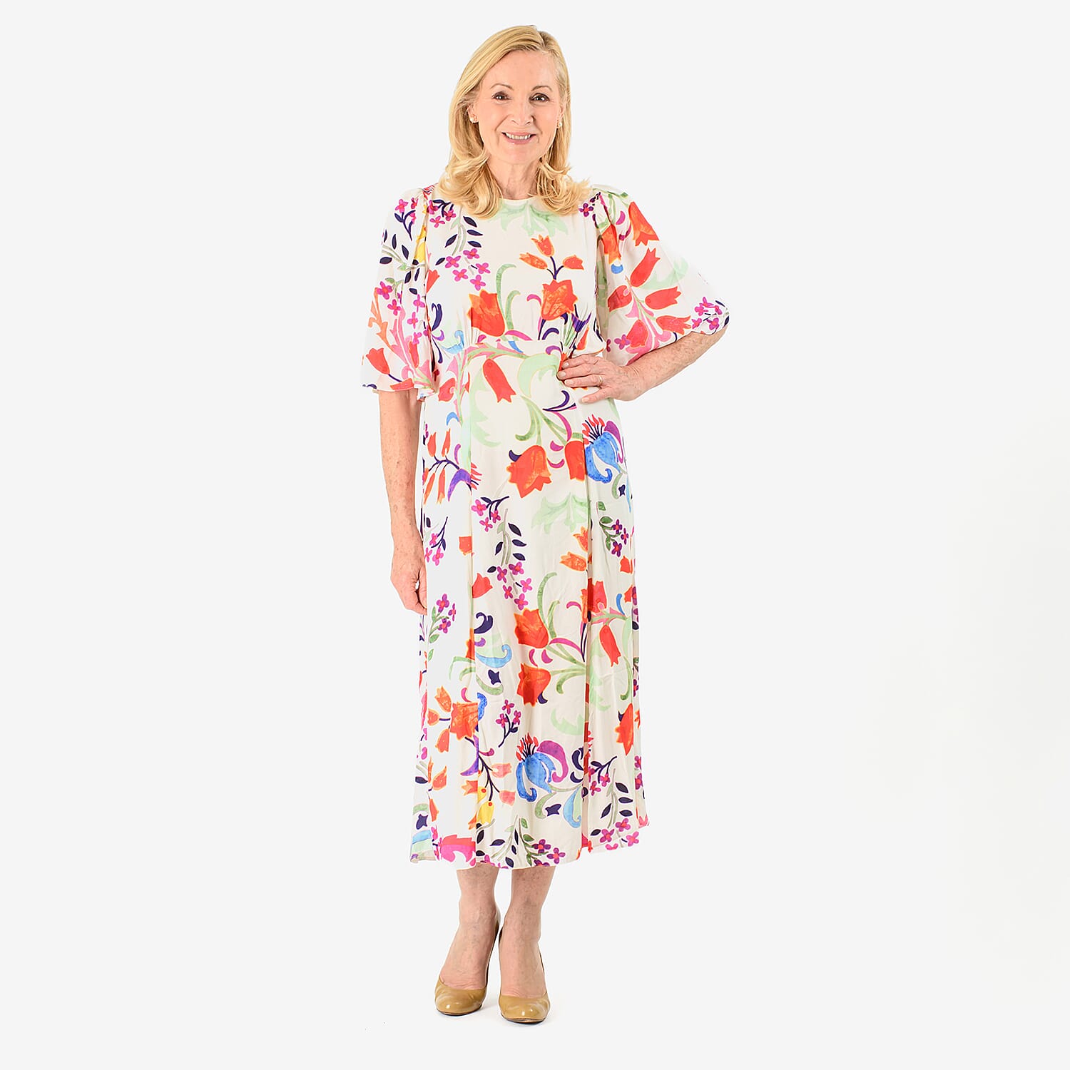Close Out - Maria Kaneva - Boat Neck Abstract Floral Print Midi Dress (Size 12) - MultiColor